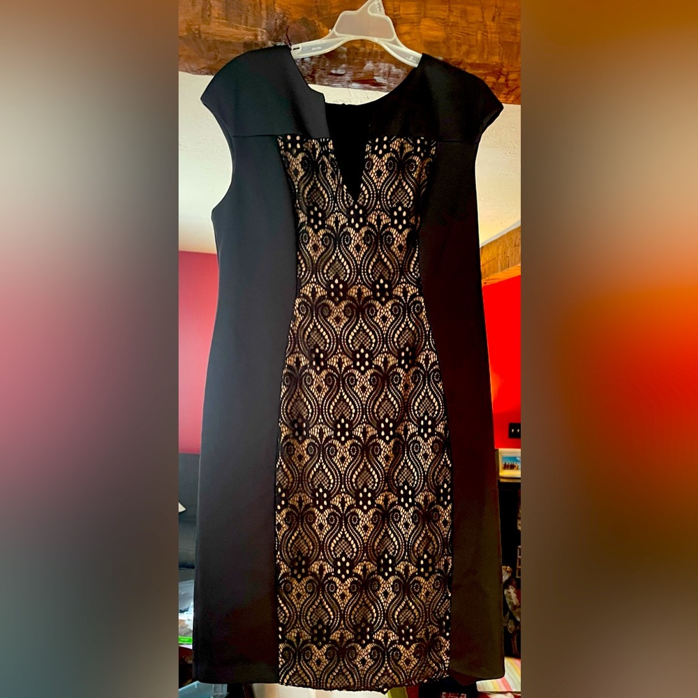 Black and tan size 14 dress with a black lace pattern